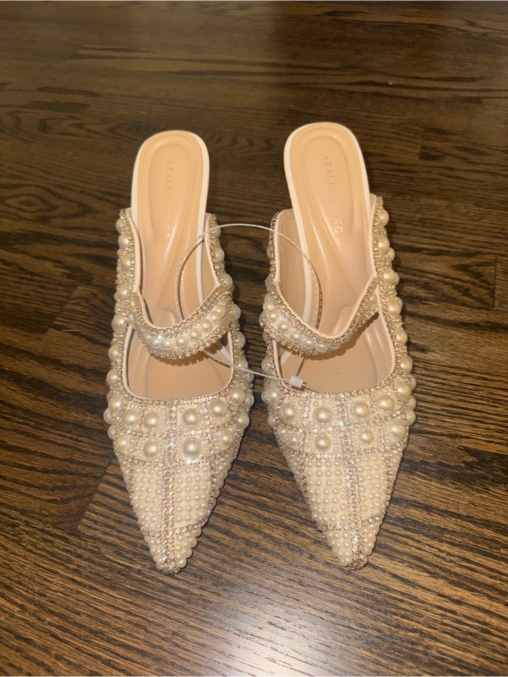 Pearl-Embellished Cream Pointed Slingback Heels